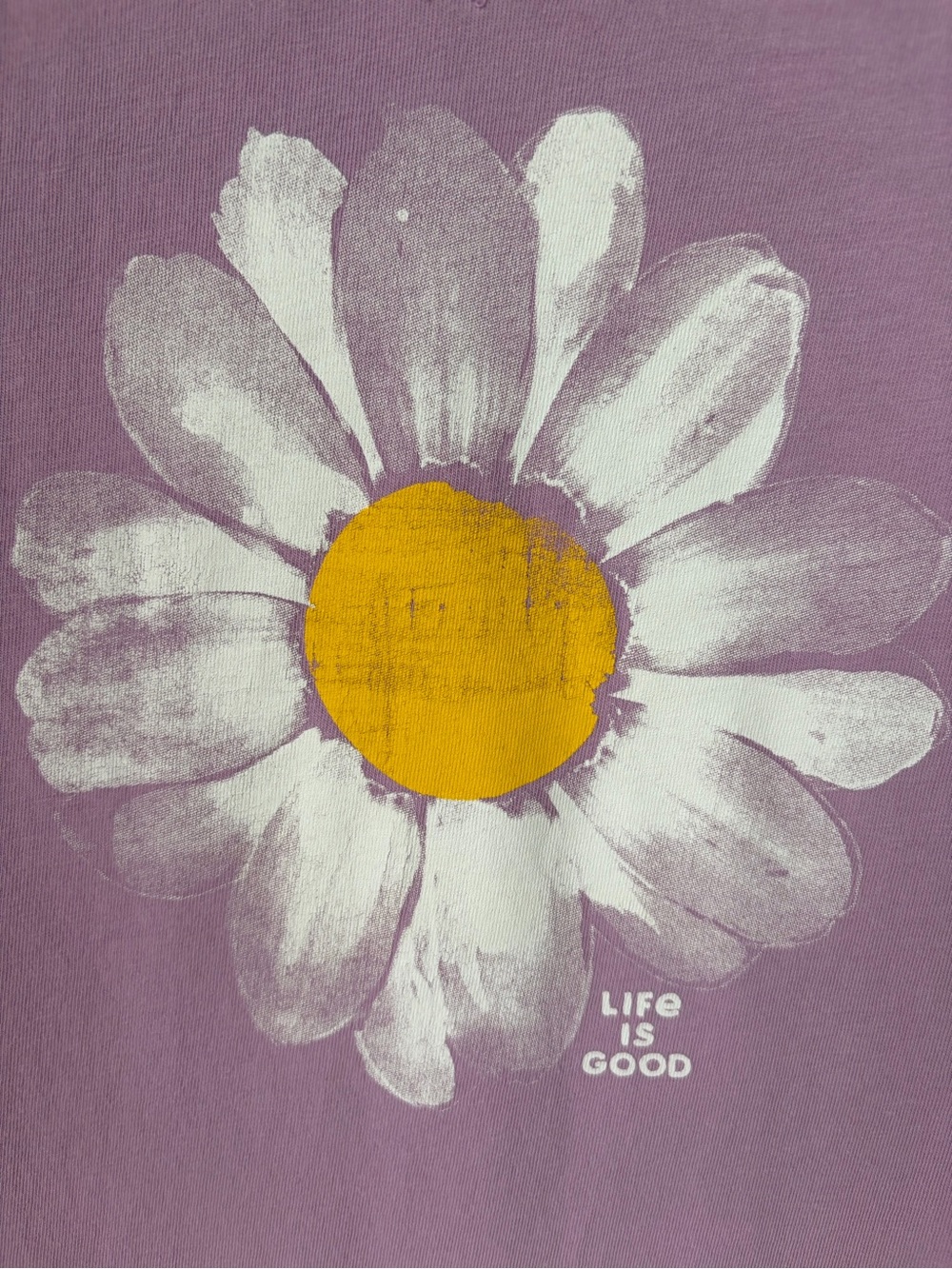 Life Is Good (L) V-Neck Purple Tee with White Daisy and Yellow Center